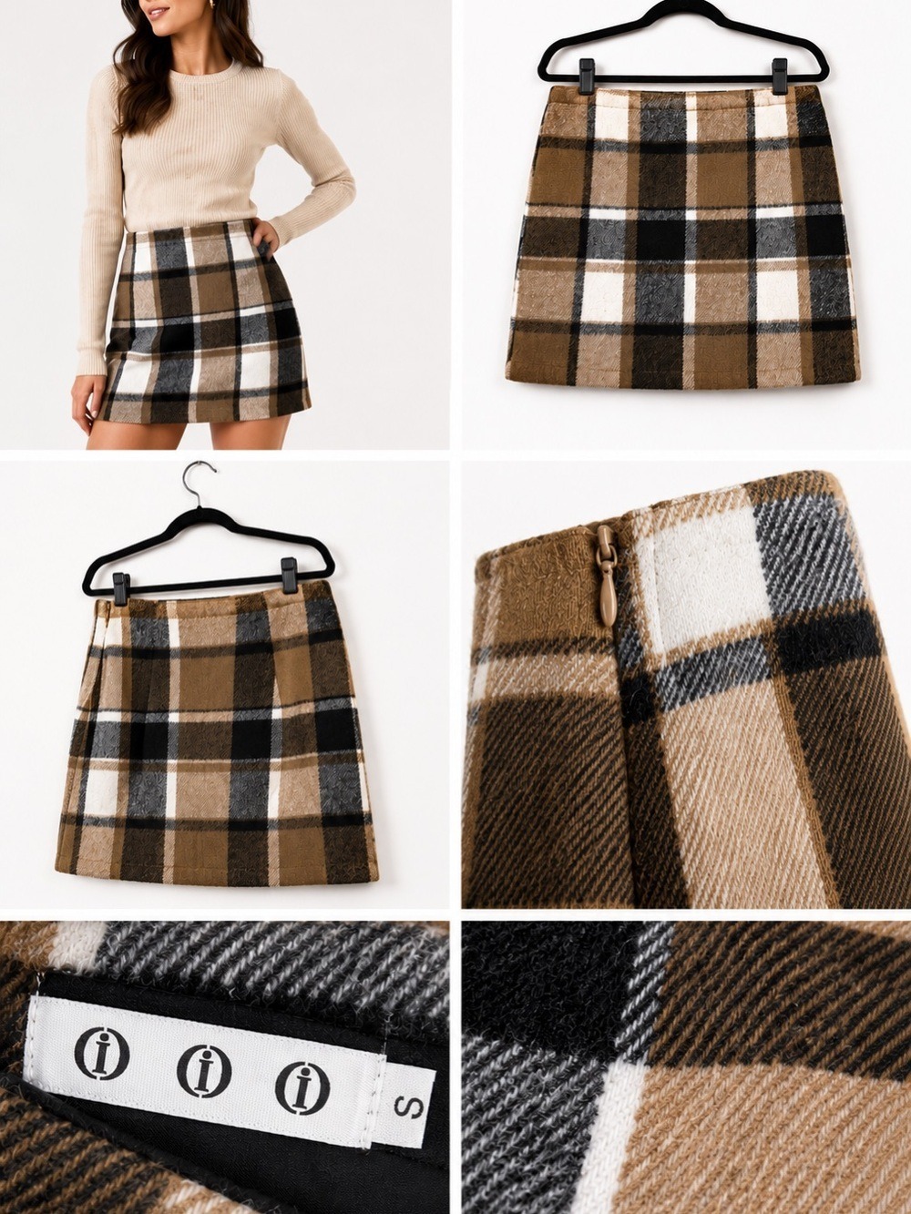 Plaid Mini kirt in Camel, Black & Cream – Brand